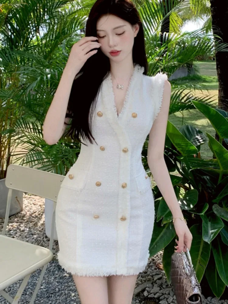 High Quality Korean Fashion Casual Small Fragrance Tweed Dresses Women French Vintage Woolen Summer Dress Elegant Party Vestidos