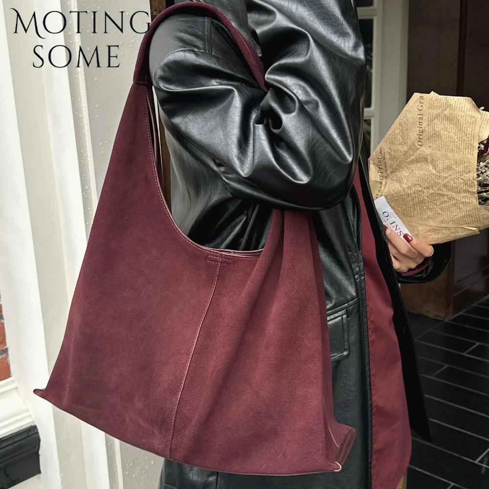 Motingsome Oversized 42cm Women Suede Bag Luxury Saddle Purses 100% Natural Suede Leather Causal Tote Rommy Commuting Purse 2024