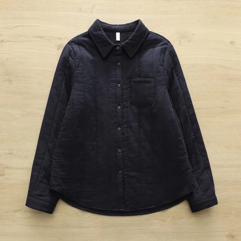 Novo 2025 inverno algodão acolchoado camisa de manga longa, feminino turn-down colarinho bolso, mori menina ol comute quente blusa solta t5d448cc