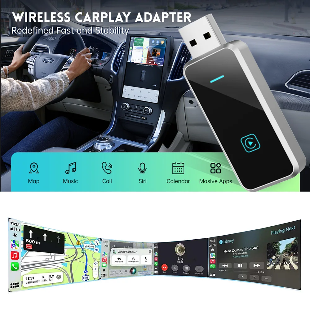 Adaptador Carplay inalámbrico SKILLDRIVE 2025 para Benz Audi Cadillac Kia Hyundai VW Mazda Volvo MG Peugeot coche CarPlay con cable incorporado