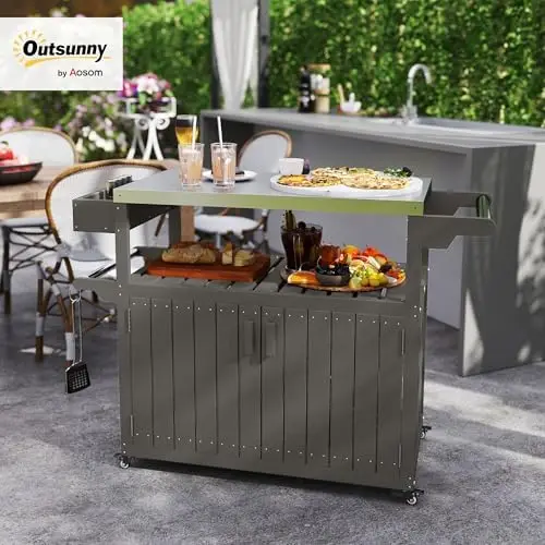 Outdoor Bar Cart with Storage Cabinet, Stainless Steel Top Kitchen Island on Wheels, HDPE Outdoor Bar Table, Movable