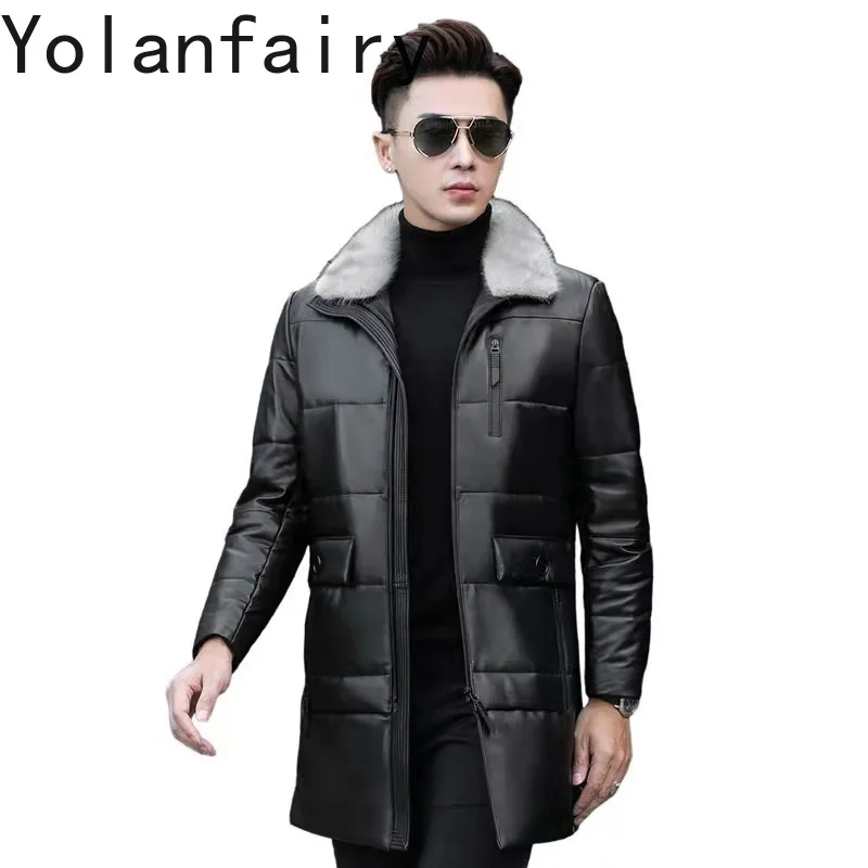 

YOLANFAIRY Natural Sheepskin Long Puffer Coat Men Winter Clothes Genuine Leather Jacket for Men Mink Fur Collar Муж Куртка 2024