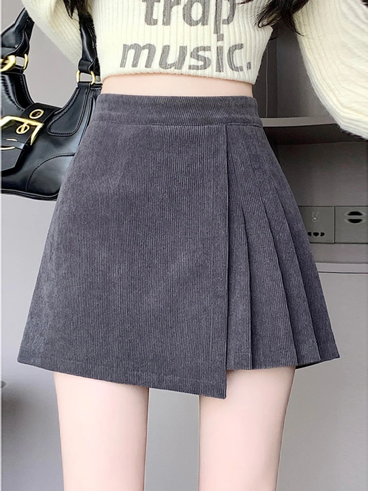 2025 겨울 코듀로이 스커트 반바지 여성 빈티지 플리츠 러플 반바지 루즈 와이드 레그 숏 팬츠 여성용 그레이 블랙 큐롯츠