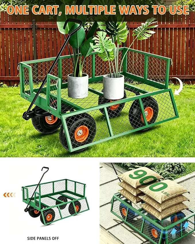 500-1200 LBS Capacity Heavy Duty Steel Garden Wagon Cart, 2-in-1 Handle For Garden Outdoor