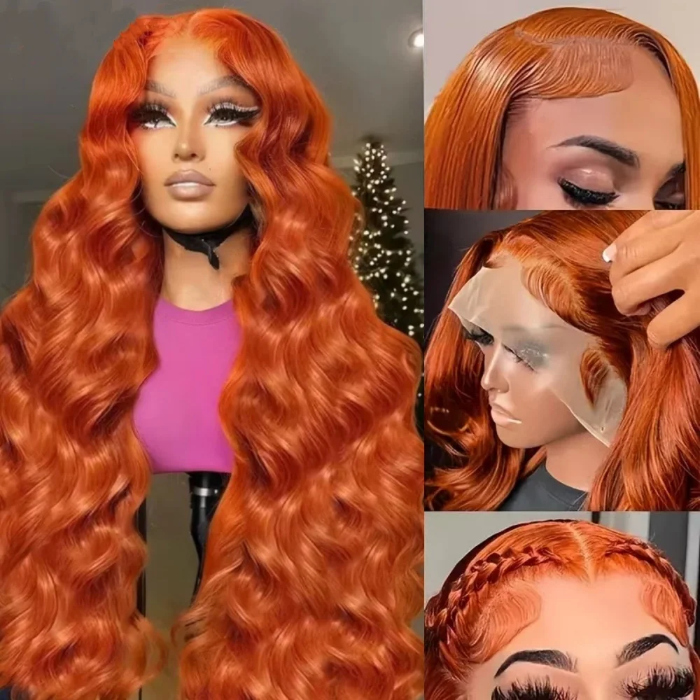 Gengibre laranja 13x4 perucas frontais do laço cabelo humano 200% densidade peruca onda do corpo 350 cor perucas de cabelo humano pré arrancadas 100% cabelo humano