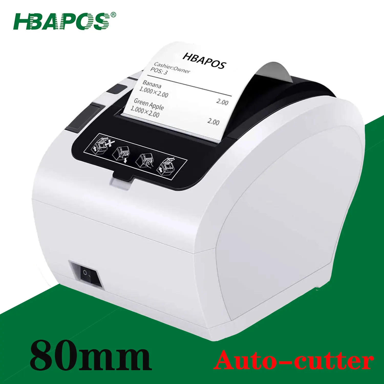 

HBAPOS Thermal Printer 80mm Auto-Cutter Receipt POS Printer USB Ethernet RS232 Port for Hotel Kitchen Restaurant Retail Shop