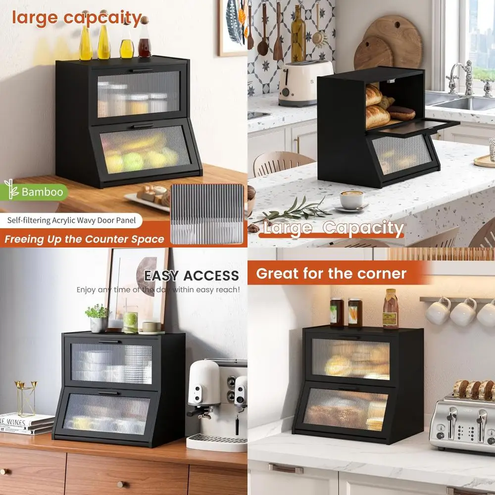

Extra Large Bamboo Bread Box with Wavy Acrylic Door Panel for Kitchen Storage
