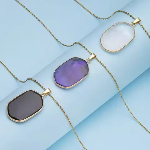 Natural Crystal Stone rose quartz amethyst geometric figure agate Pendant Necklace Stainless Steel gold Chain Gemstone Jewelry