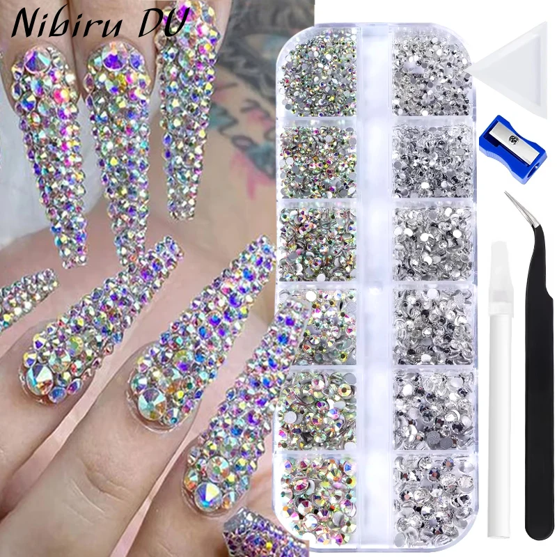 Nail Art Rhinestone 12 Grids Box Nail Beads AB Crystal Flatback Pearl Jewelry Gems with Storage Organizer for Nail Decorations