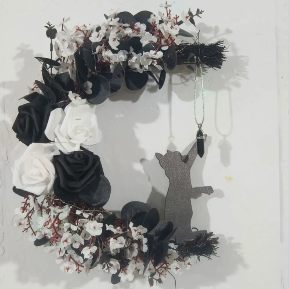 Handmade ประดิษฐ์ Moon Cat Garland ฮาโลวีนพวงหรีดดวงจันทร์สีดําแมวฮาโลวีนพวงหรีดประตูแมวตกแต่งฮาโลวีน