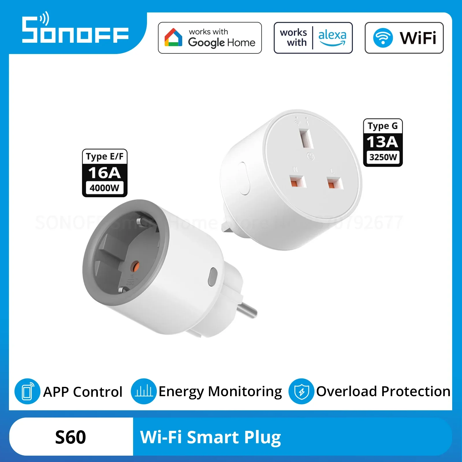 SONOFF S60 Wi-Fi Smart Plug Voice Remote Control Energy Monitoring Overload Protection Socket Support eWeLink Alexa Google Home