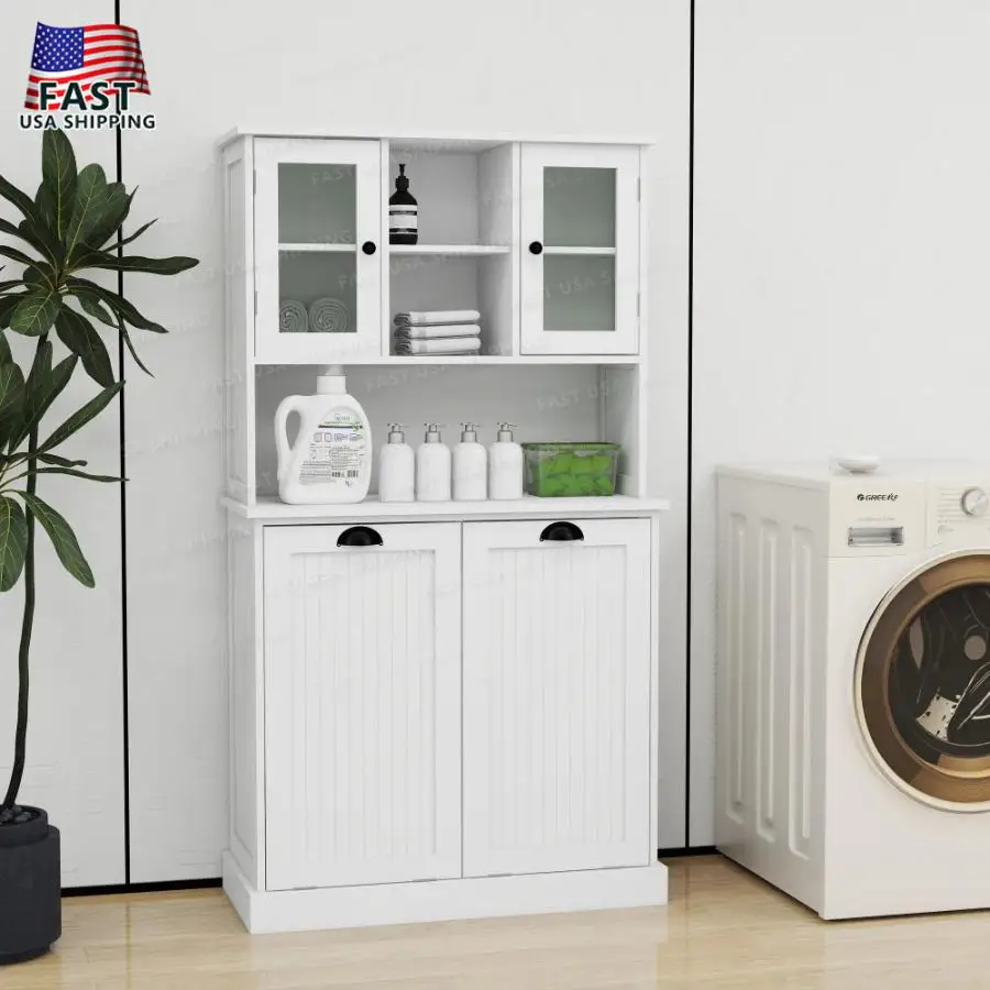 Two-Compartment Tilt-Out Laundry Basket Tall Bathroom Cabinet with 2 Adjustable Shelves White