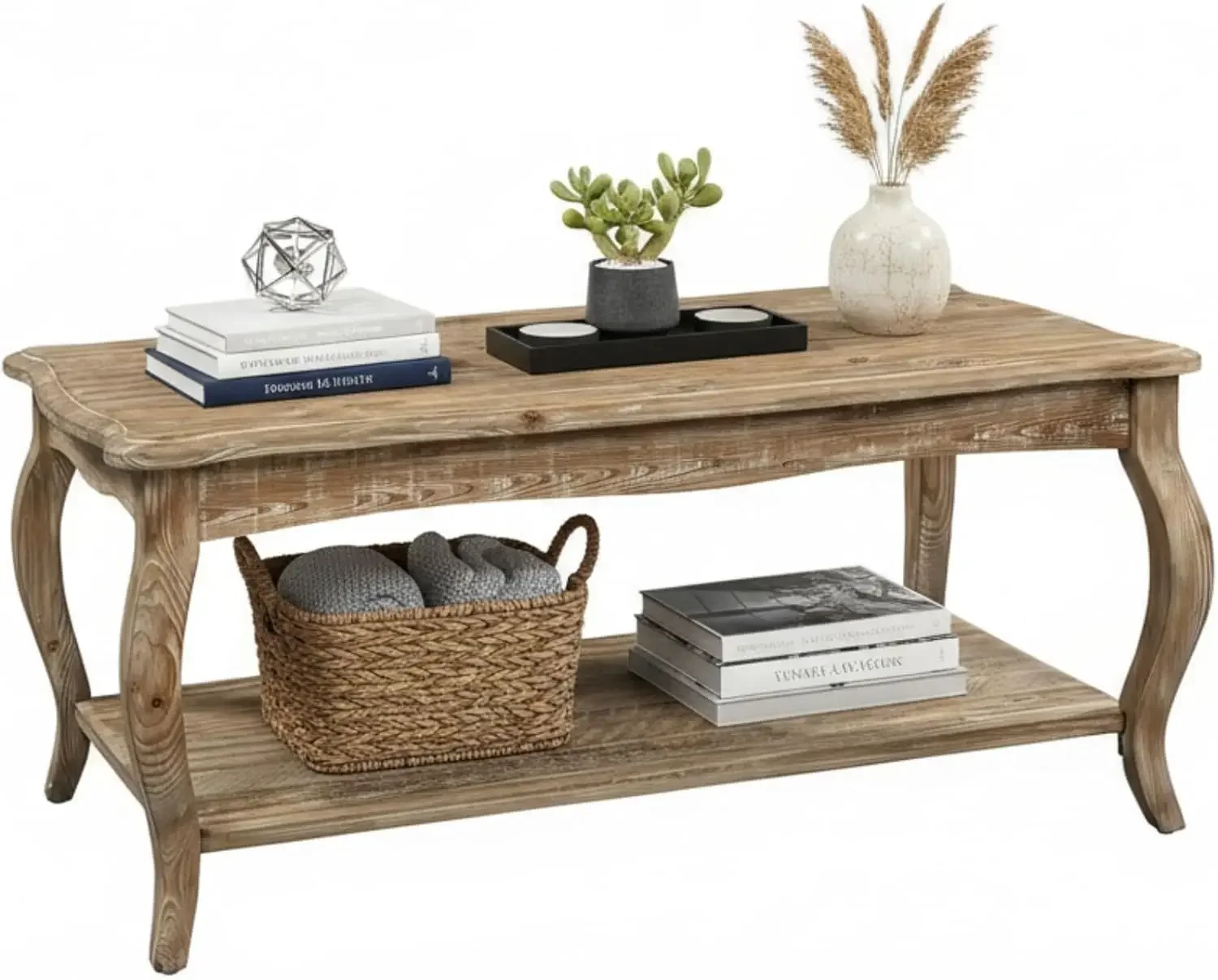

Coffee Table With Open Shelf Curved Legs Scalloped Edge Reclaimed Wood Living Room Farmhouse Furniture Driftwood Finish