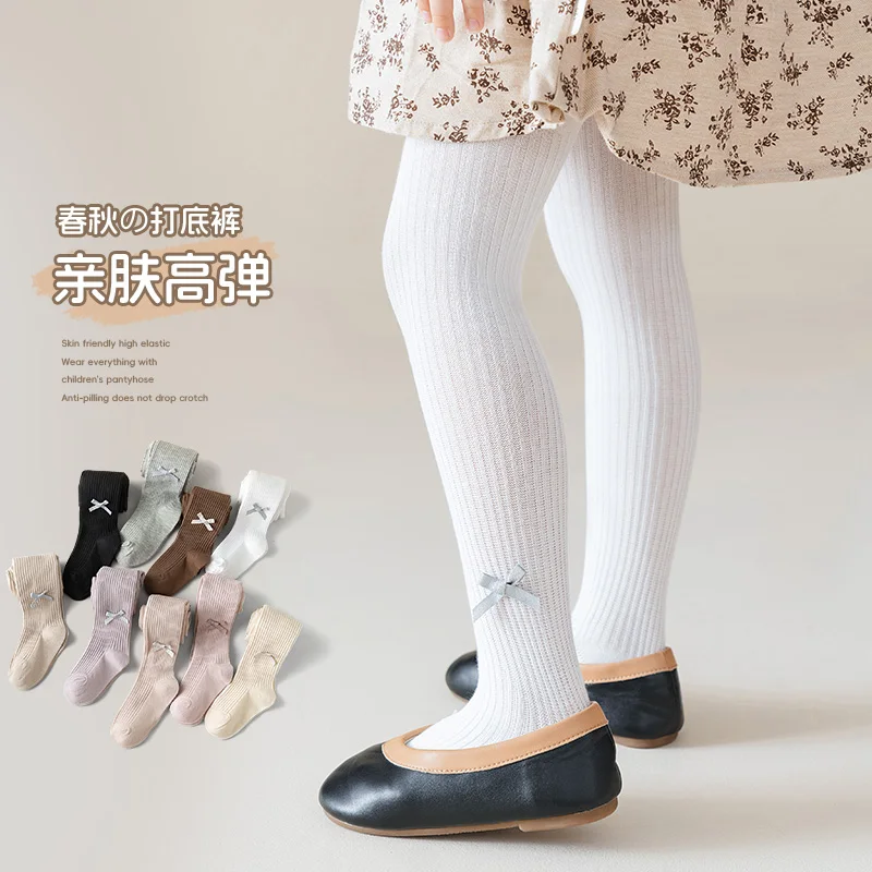 Kids Thin Vertical Stripe Silver Thread Tiny Bow Decor Tights Soft High Elastic Anti Pilling Children Pantyhose For Daily Outfit