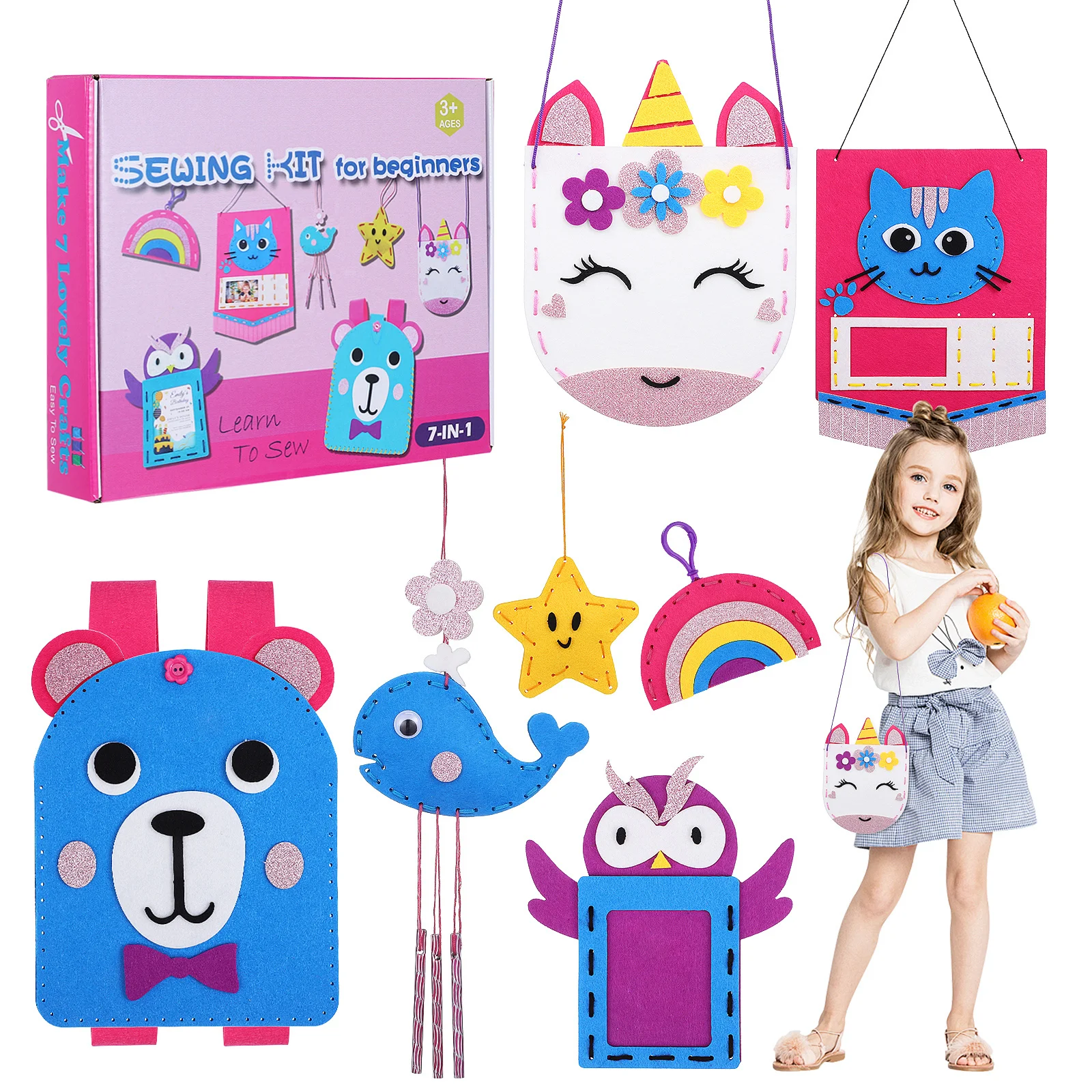 

1Set Felt Sewing Kit for Kids Beginner DIY Felt Crafts Easy Sew Patterns Purse Bag Ornament Sewing Kit for Child Projects