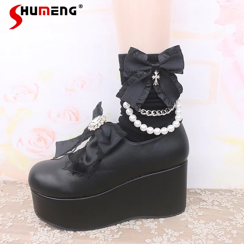 Handmade Japanese Style Sweet Ladies Mine Dark Pearl Chain Rhinestone Cross Pendant Cute Short Cotton Black Socks for Women