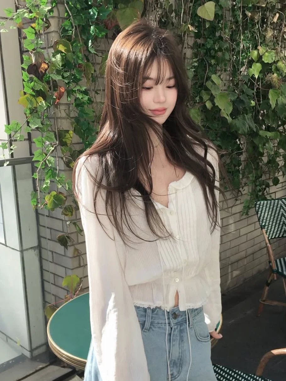 

Женская хлопковая рубашка Gentle Wind с V-образным вырезом, длинными рукавами, приталенная, приятная к телу, дышащая, с цветочным кружевом