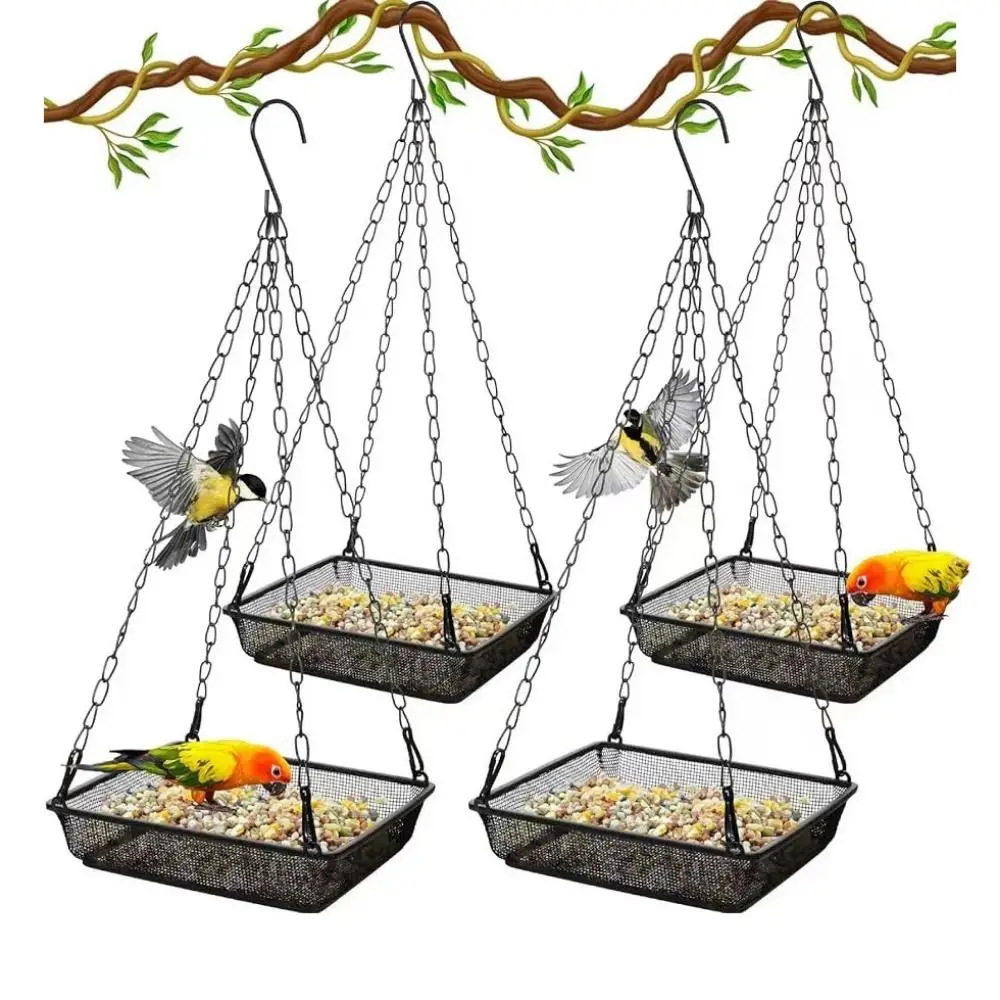 Wiszący karmnik dla ptaków z metalowej siatki Duża pojemność Kwadratowa taca do karmienia ptaków z haczykiem Podwieszany karmnik dla ptaków Balkon