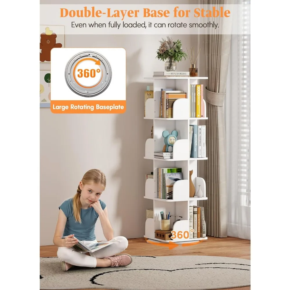 Libreria girevole compatta a 4 livelli per bambini, espositore angolare per piccoli spazi, spazio di archiviazione dal pavimento al soffitto