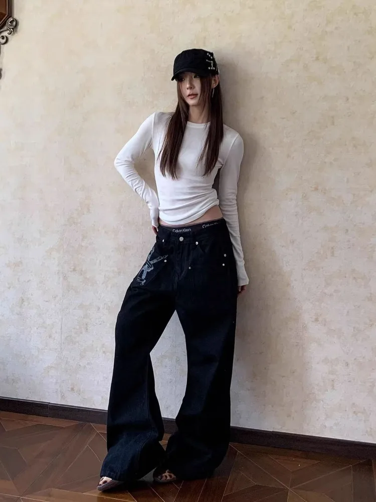 Women's Fashionable Letter Pattern Design Jeans Cool Girl Trousers Summer Unisex Casual Pant Female High Waisted Punk Sweatpants