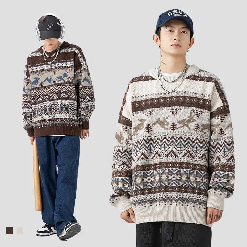 New Fashion Pattern Warm Sweater Couples Men Casual Loose Baggy Knitted Pullovers Oversize Retro Streetweear Clothing