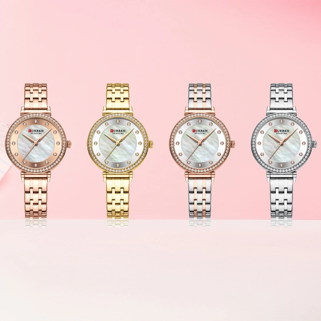 CURREN-Relojes de pulsera elegantes de cuarzo fino para mujer, correa de acero inoxidable con esfera de concha, relojes de diamantes de imitación