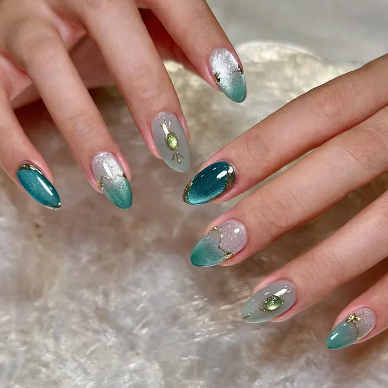 30Pcs Almond Press On Nails Elegant Cat Eye Gilded Design French With Emerald Decor Skin Flattering Reusable False Nail Tips