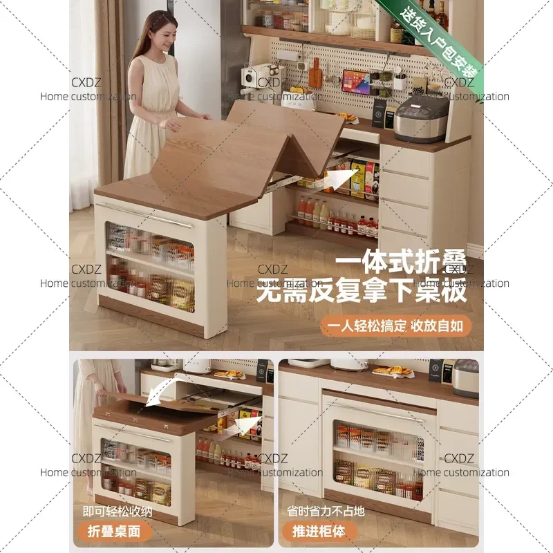 Wall Mounted Folding Dining Table with Side Cabinet Solid Wood Hidden Extendable Table Storage Unit Space Saving Furniture
