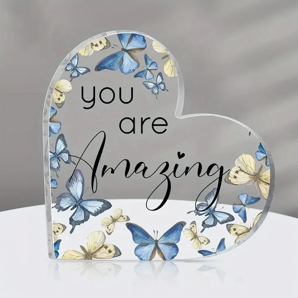 You Are Loved Decor Acrylic Heart Keepsake with Butterfly, Inspirational Employee Appreciation Gift