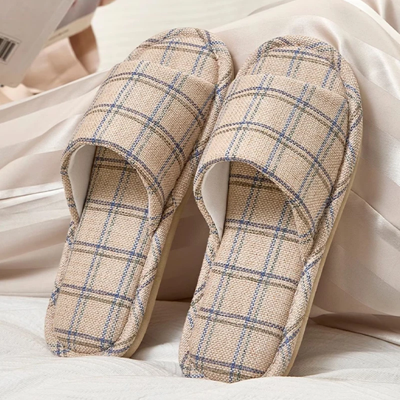 

ZHIDA Linen Slides Grid Home Slippers Indoor Non Slip House Couples Shoes Male Plaid Sandals Soft Flat Flax Slippers for Women