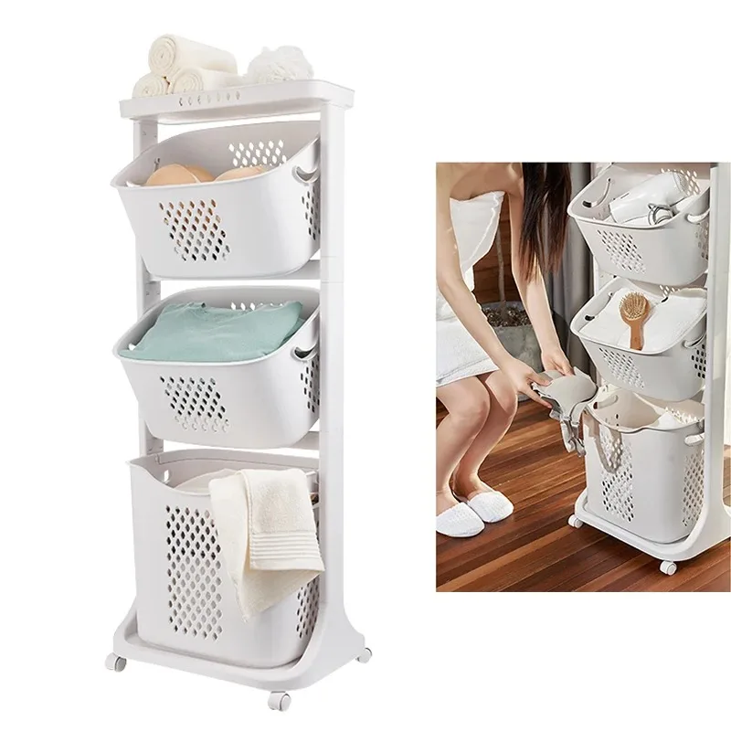 3-laags Kledingmand Opbergen C-Art Trolley Organizer Met Universele Wiel Vuile Wasmand Badkamer Huishouden