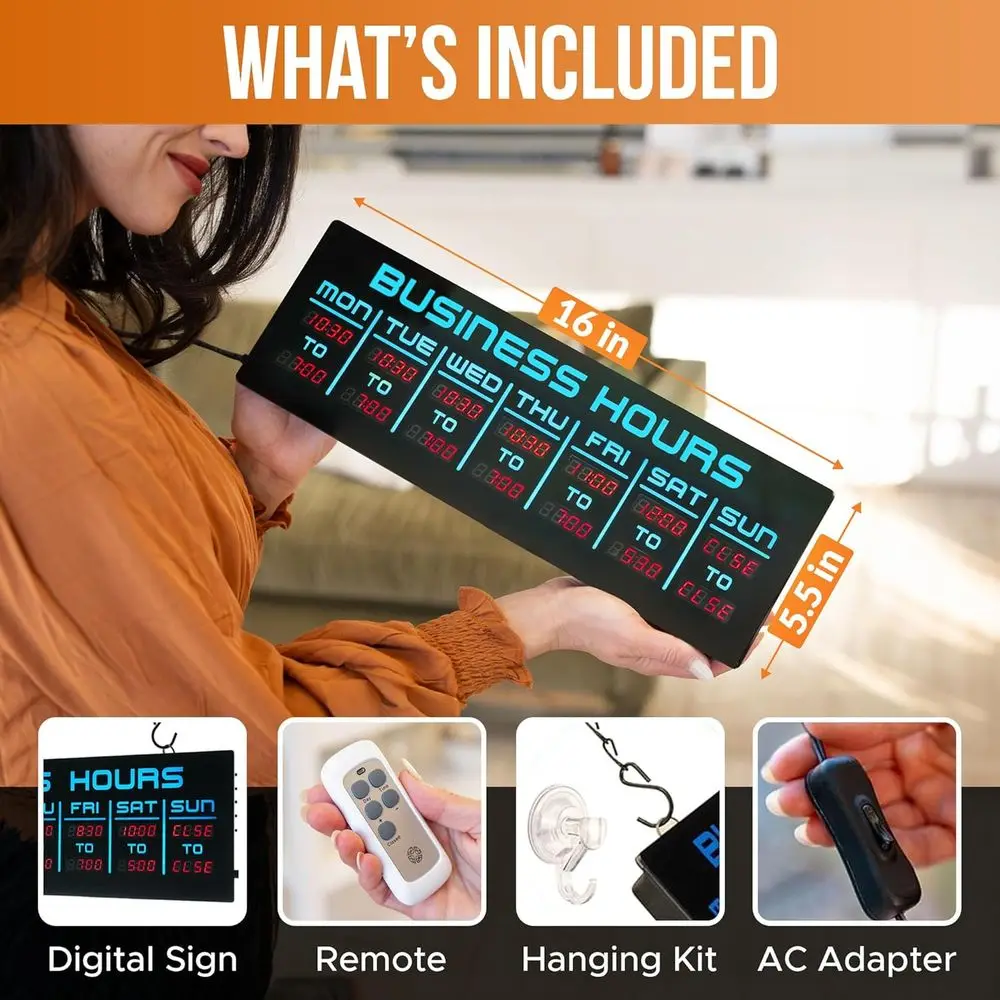 Programmable Business Hours Sign with Bright LEDs, Remote and Hanging Kit, 16 x 5.5, Blue