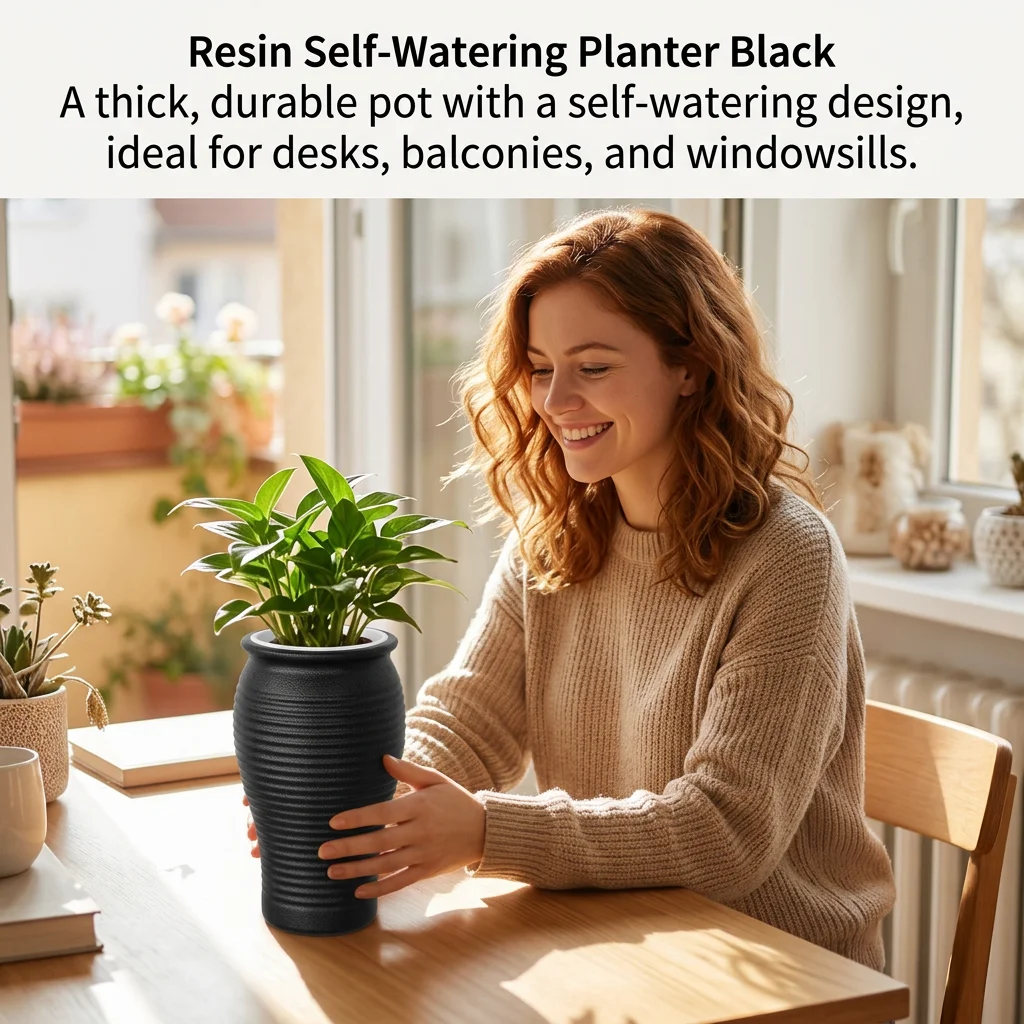 Self-Watering Planter Pot Modern for Home Office Decor Resin Indoor Plant Pots with Water Level Indicator Durable Stackable