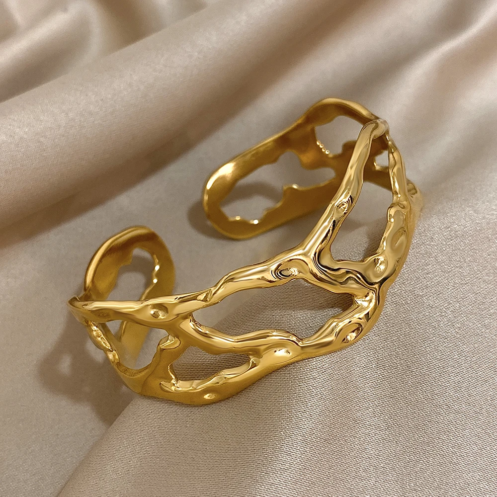316L Stainless Steel Irregular Hollow Open Cuff Bangles for Women Fashion Gold Color Geometric Unique Design Bangles Bracelets