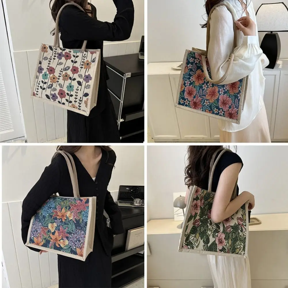 Canvas Tote Bag Casual Flower Print Colorful Lady Handbag Large Capacity Women\'s Shoulder Bag