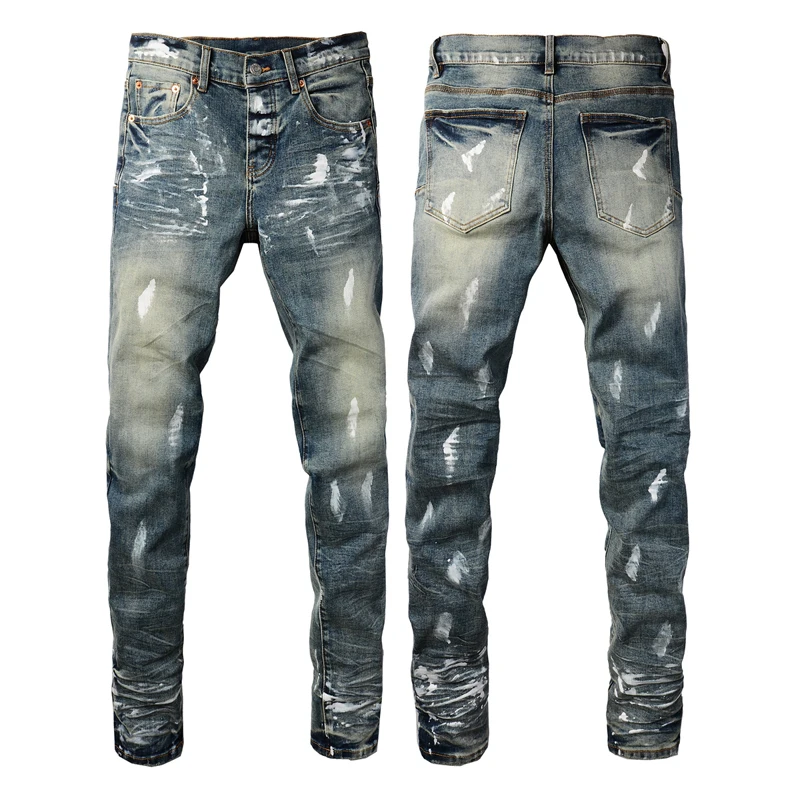 

Street Retro Men's Jeans Do Old White Splash-ink Painted Denim Long-pants Dark Blue Panwhite Pencil Pants