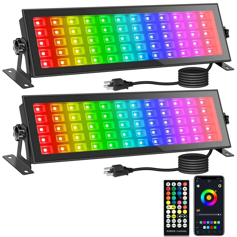 

Упаковка 120 Вт светодиодной сценической стиральной панели RGBCW Smart Wall Washer, 60 RGB 60 Теплый белый 60 Белый IP66 Водонепроницаемый DJ-светильник с приложением и пультом дистанционного управления