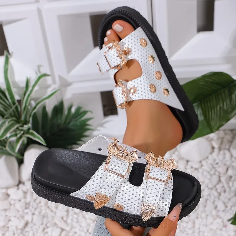 Summer Women Slippers 2026 New Luxury Rhinestone Metal Decor Thick Bottom Female Shoes Trendy Double Buckle Comfort Sandals