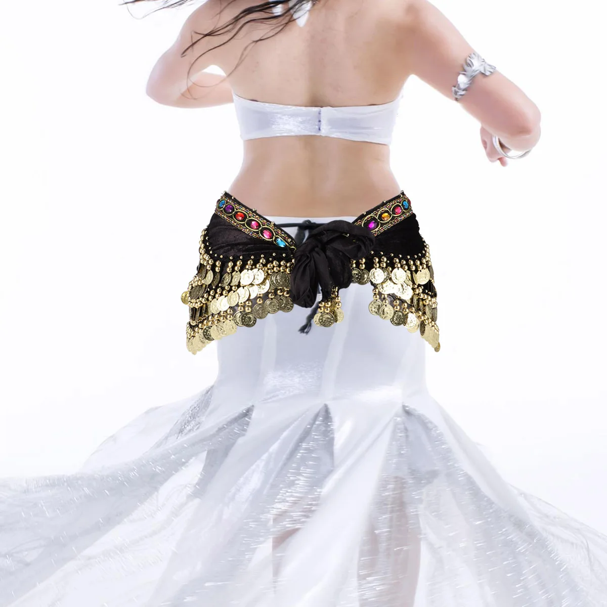 

1 pc Indian Belly Dance Hip Scarf Belt Rhinestone Coin Decorated Waist Skirt For Women Black Lightweight Dance Scarf Wrap Sport
