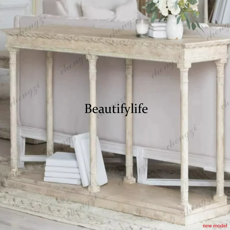 h178French white old solid wood entrance table, living room, porch table, American corridor foyer cabinet