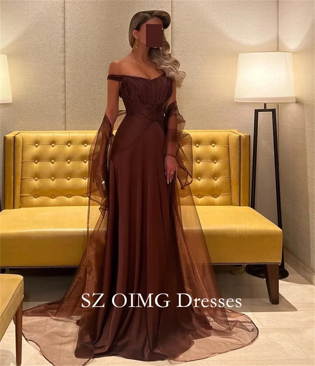 

OIMG Off the Shoulder Strapless Brown Evening Dress Long Sleeves Organza Summer Elegant Wedding Party Gowns For Women 2024