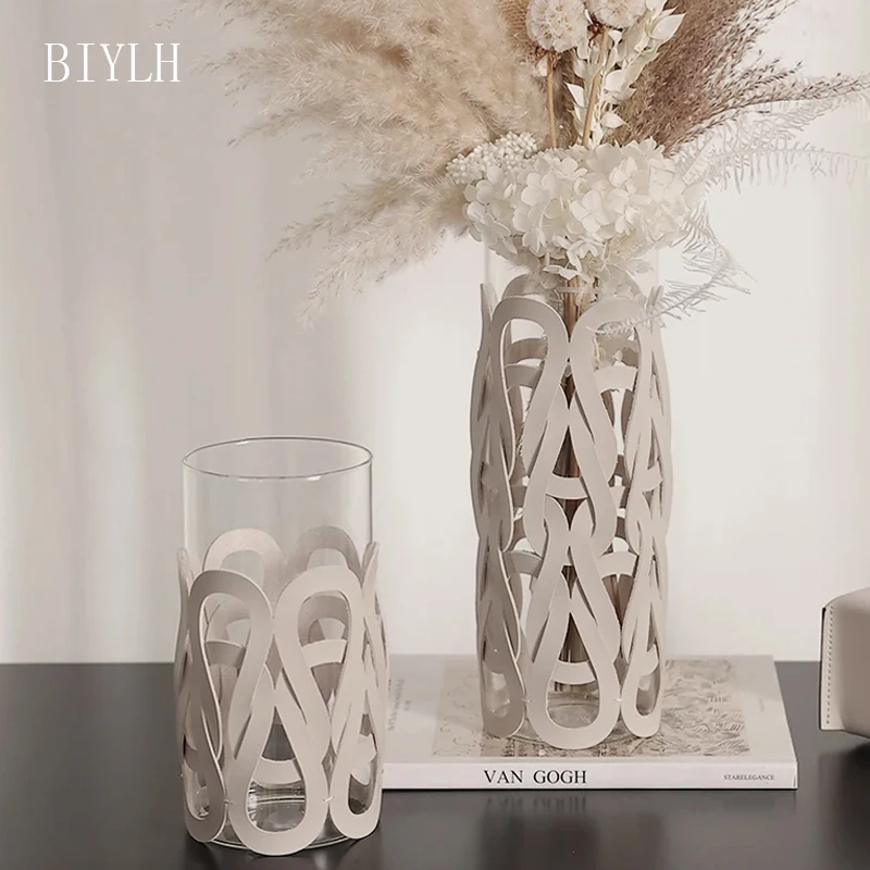 Nordic Modern Glass Vase Woven Leather Light Luxury Home Decoration Vase Living Room Dining Room Tabletop Flower Arrangement