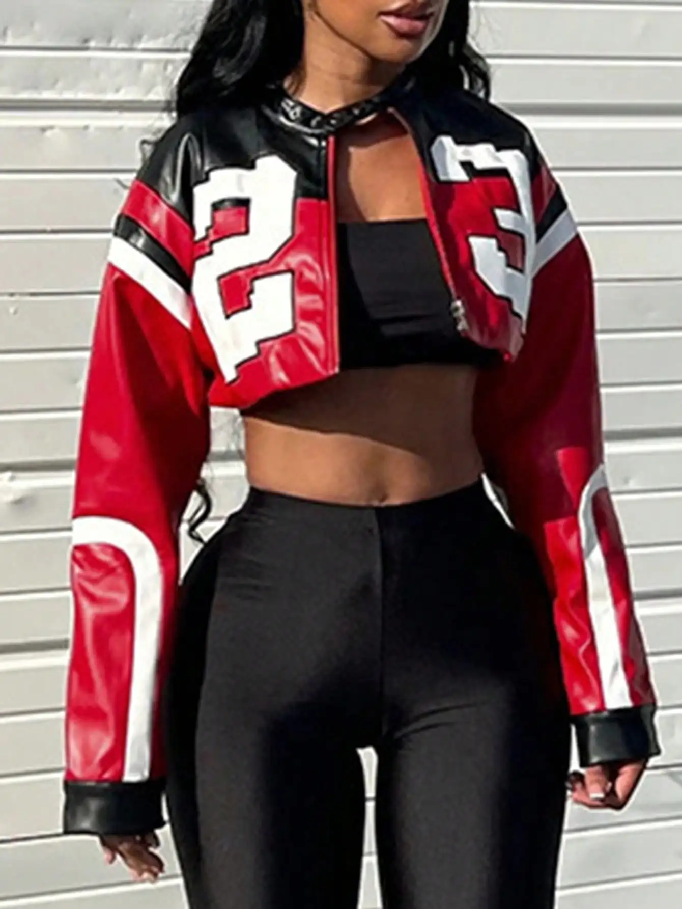 

Women's Red Faux Leather Bomber Jacket with Number Print, Zipper Front, Crop Style for Party & Casual Wear