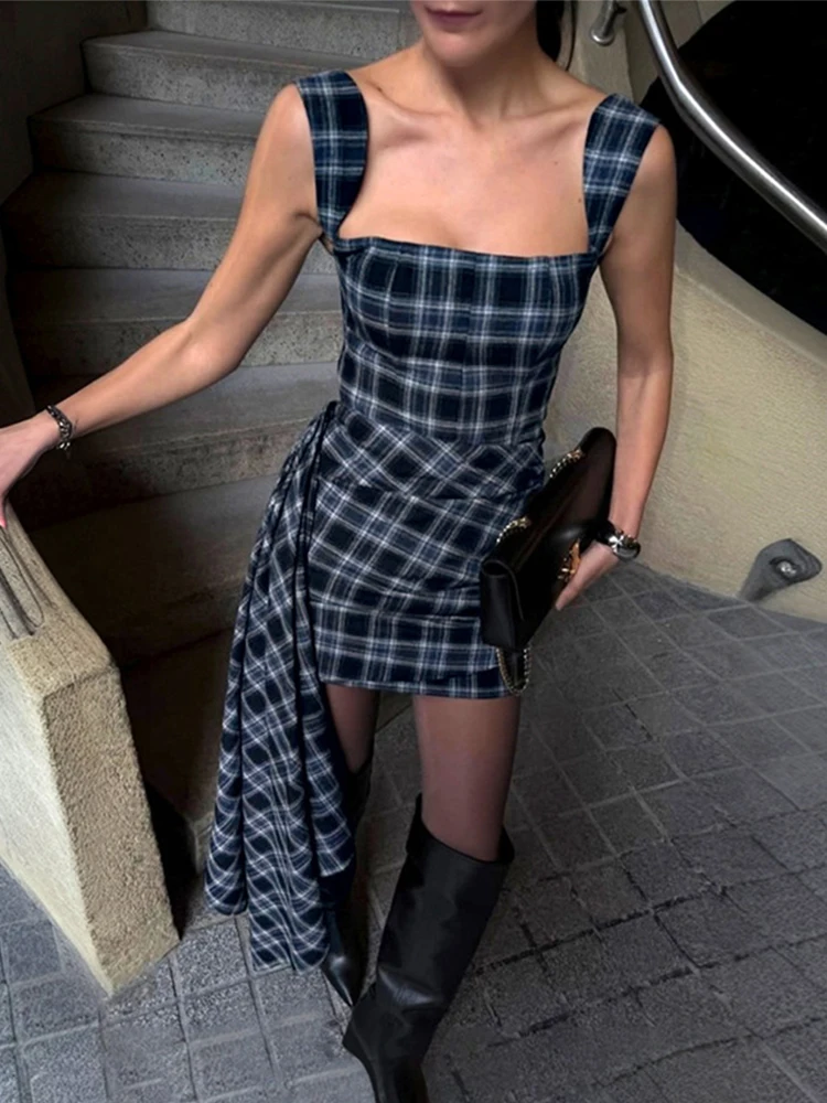 

Trendix Women's Retro Plaid Dress Summer Fashion Drape Patchwork Slim Sleeveless Dresses Street High Waist Party Elegant Dress