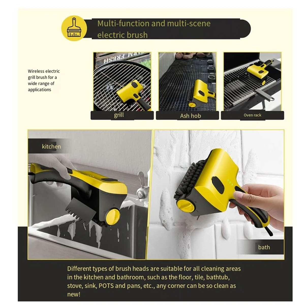 

Беспроводная электрическая щетка для чистки гриля для барбекю ATYP, бытовая кухонная щетка для чистки плитки, сменные насадки