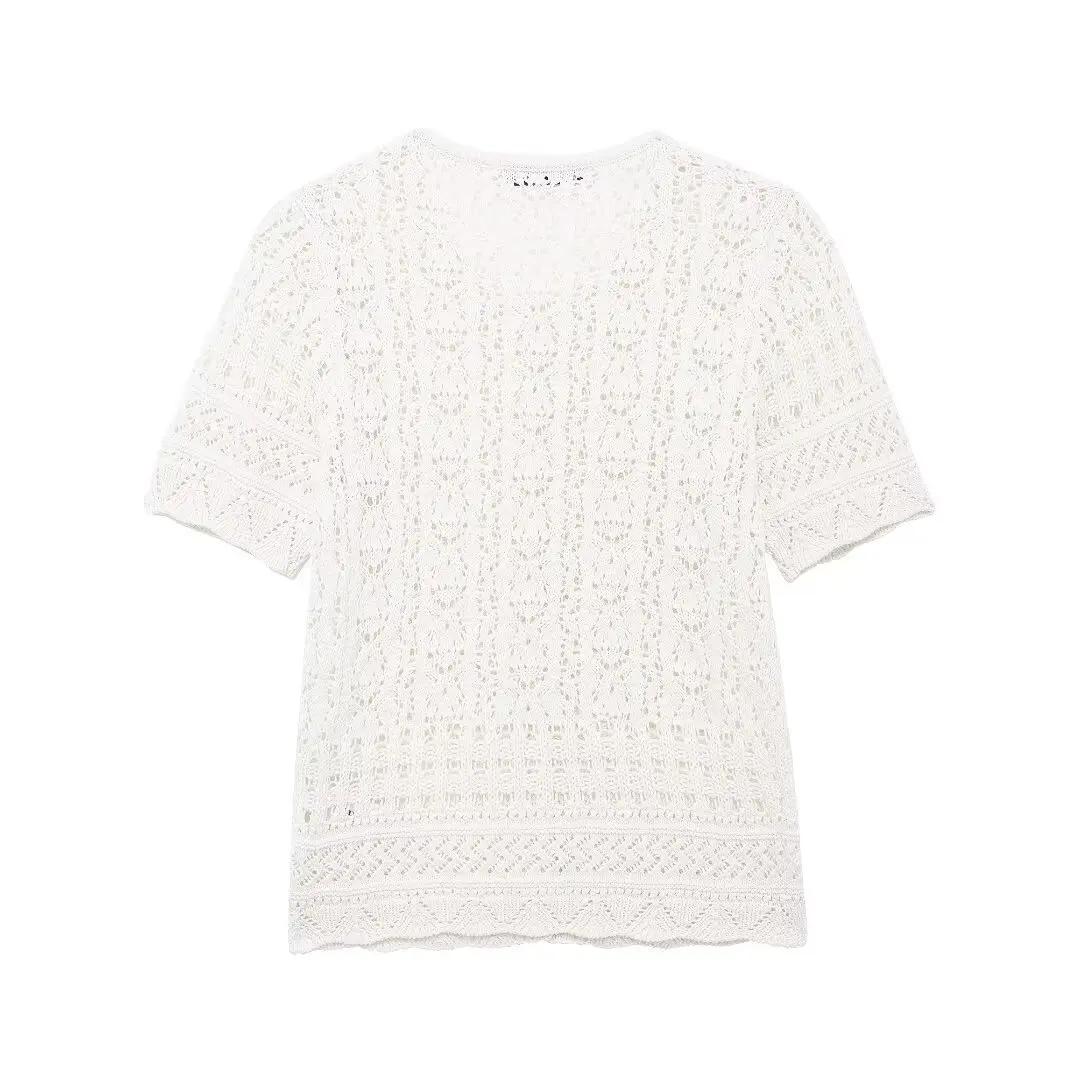 Tangada 2024 Summer Women Crochet Knitted Sweater Short Sleeve Female Crop Pullovers BE136