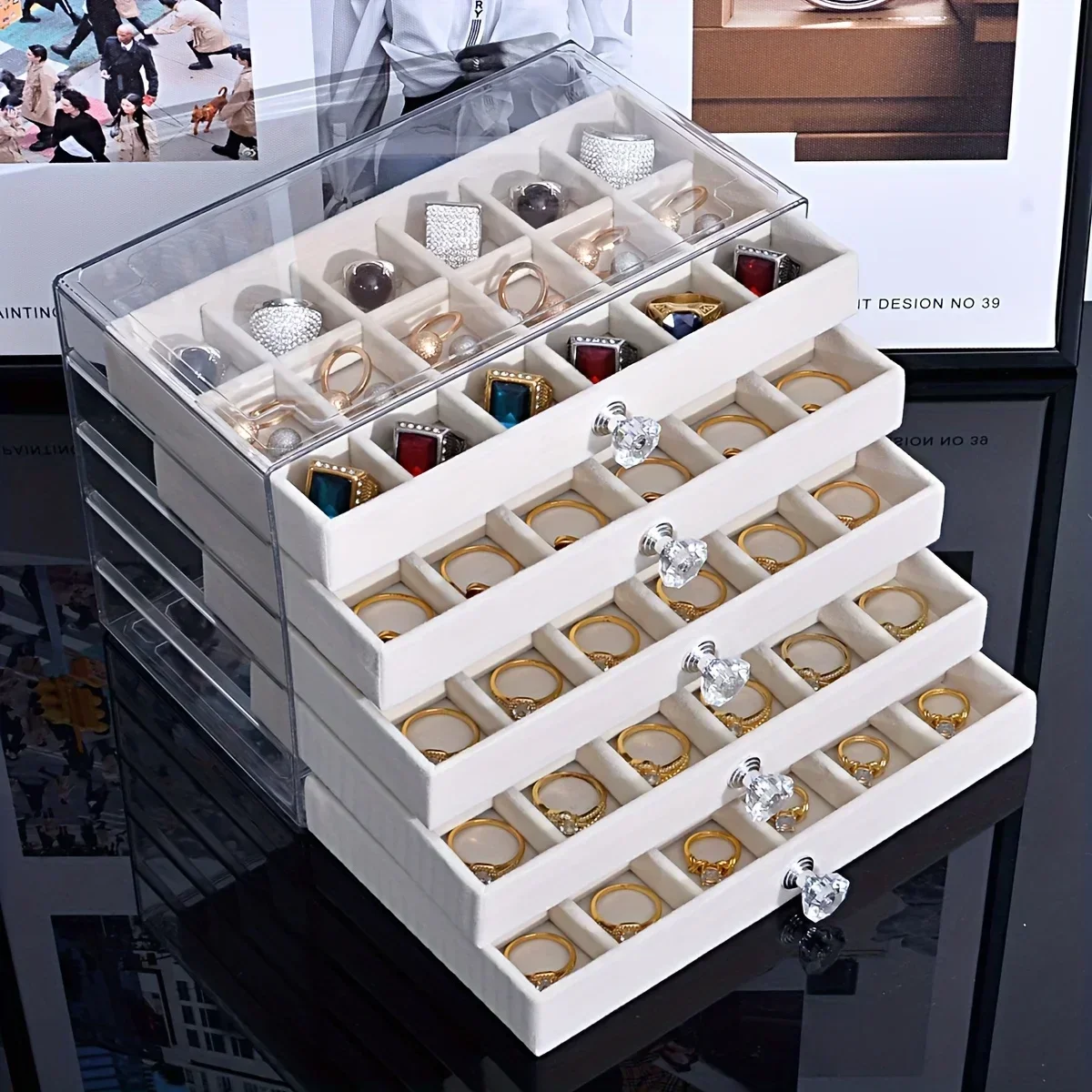 Transparent PET 5 -Tier Drawer Jewelry Box for Earrings Necklaces Rings Storage and Accessories Display Stand Organizer