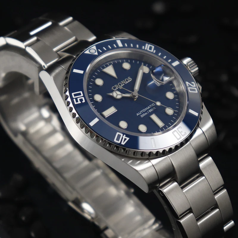 Cronos Sub Diver Men Watch With Date NH35 Brushed Bracelet Ceramic Bezel 20 ATM Glideclasp Sapphire Cyclops