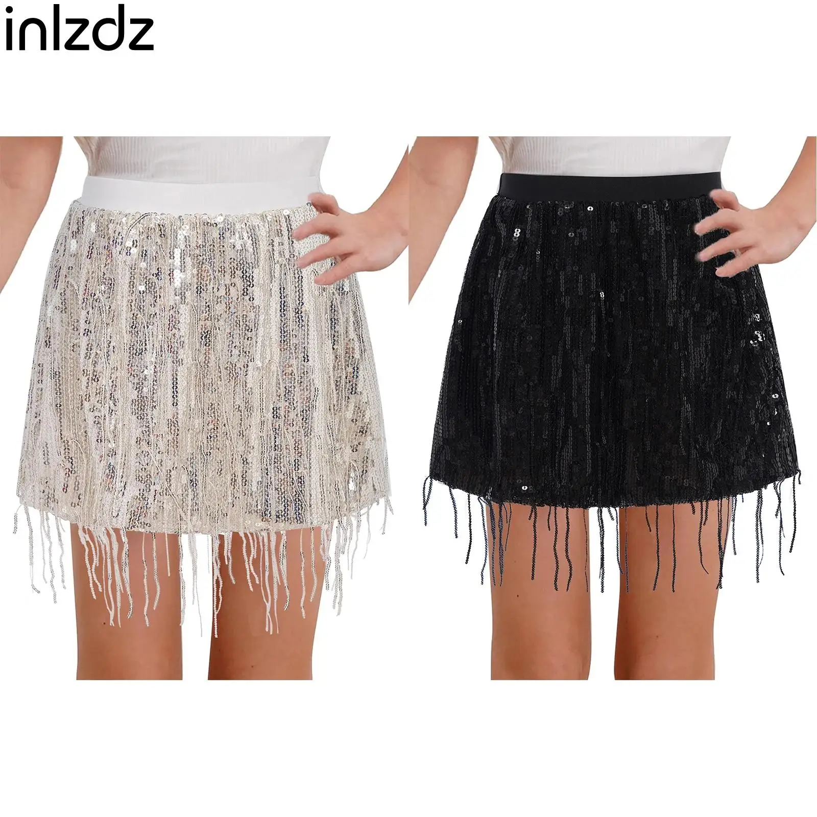 

Children Girls Sparkly Sequin Tassel Belly Dance Skirts Jazz Latin Dance Performance Costume Elastic Waistband Skirts Streetwear