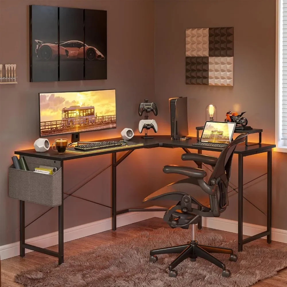 

59.1 Inch Computer Corner Desk With Monitor Shelf for Home Office Study Writing Workstation L Shaped Gaming Desk Black Table